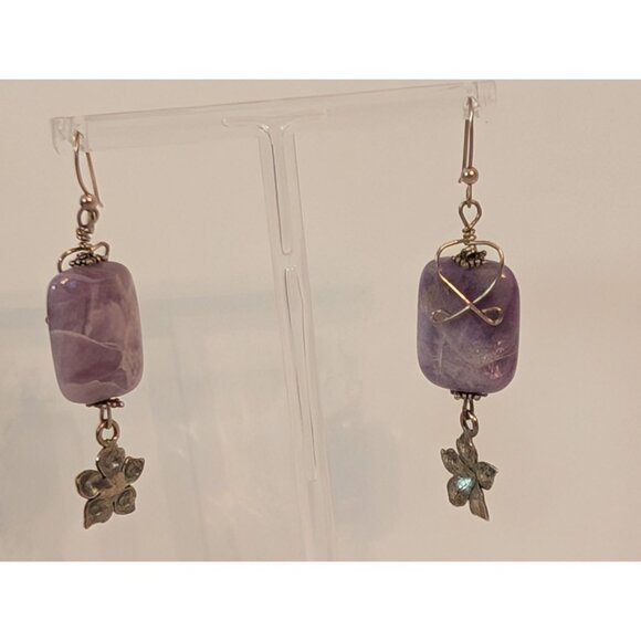 Amethyst Rectangle Bead & Silver Flower Dangle Earrings With Wire Wrap Design - Picture 2 of 5